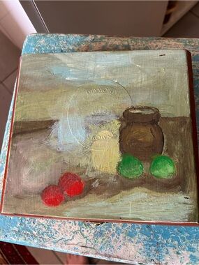 Hand-Painted Still Life Wall Wood Box Green & Red Accents